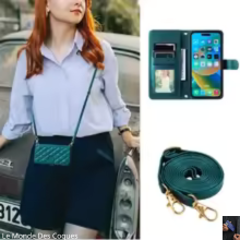 Étui portefeuille en cuir avec longue lanière pour iPhone